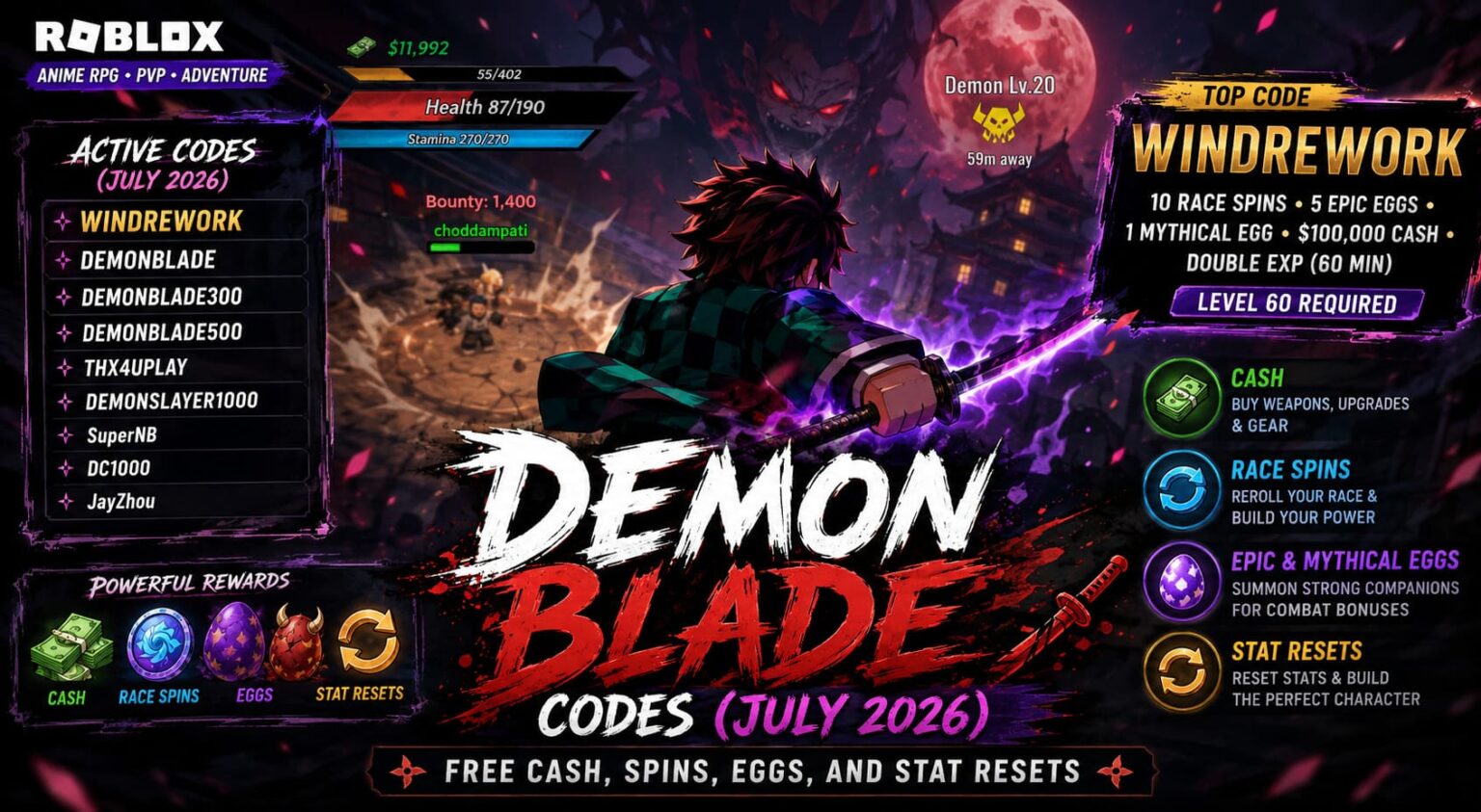 Demon Blade Codes (July 2026): Free Cash, Spins, Eggs, and Stat Resets ...